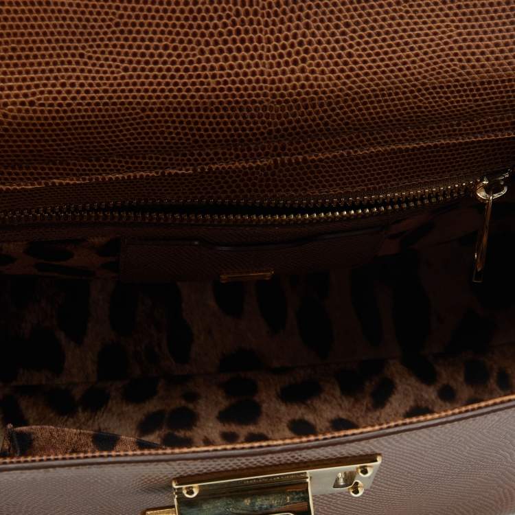 Pre Owned Dolce & Gabbana Brown Lizard Embossed Leather Miss Monica Top Handle Bag