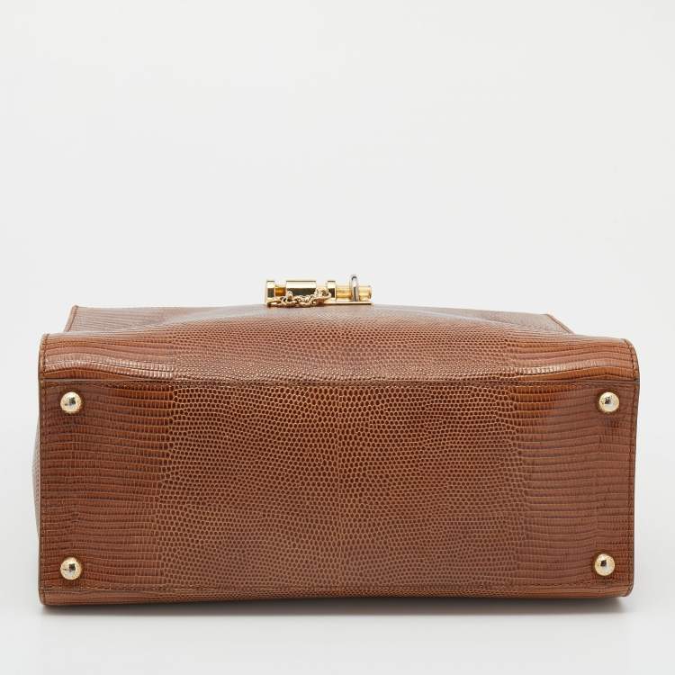 Pre Owned Dolce & Gabbana Brown Lizard Embossed Leather Miss Monica Top Handle Bag
