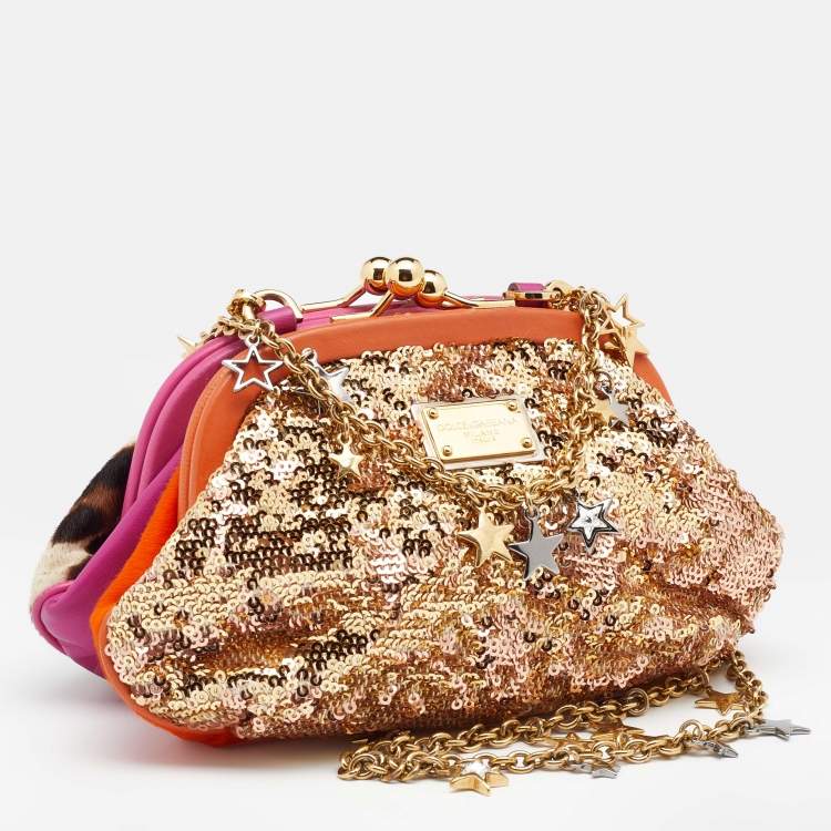 Pre Owned Dolce & Gabbana Multicolor Pony Hair And Sequin Lock Frame Chain Clutch