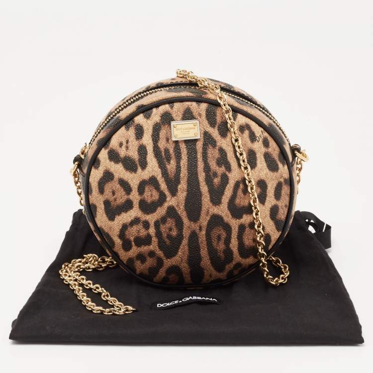 Pre Owned Dolce & Gabbana Beige/Brown Leopard Print Coated Canvas Glam Round Crossbody Bag
