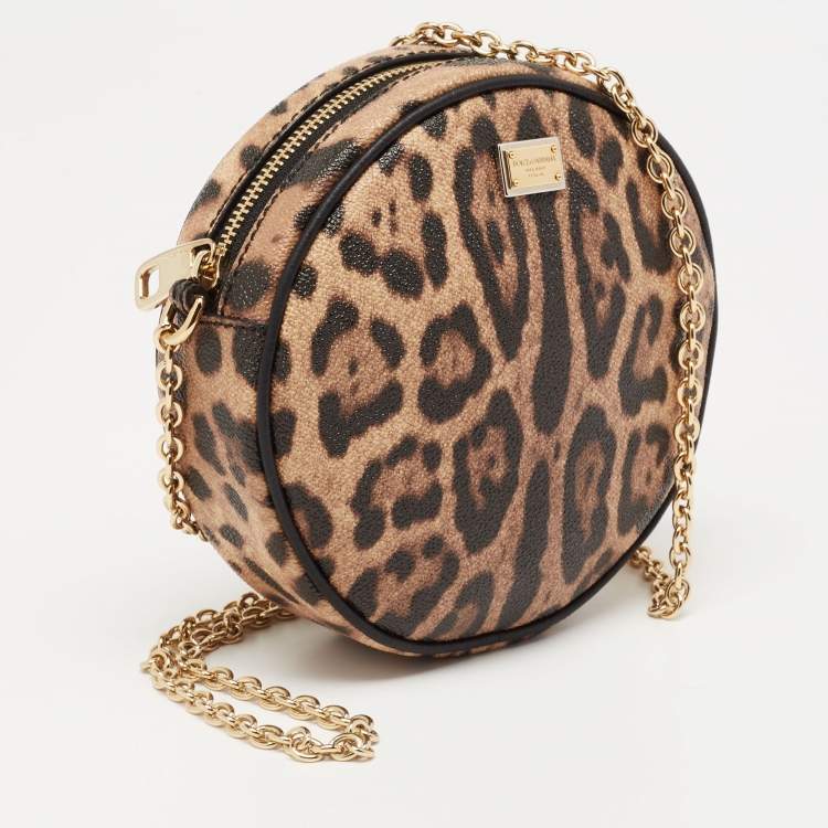 Pre Owned Dolce & Gabbana Beige/Brown Leopard Print Coated Canvas Glam Round Crossbody Bag