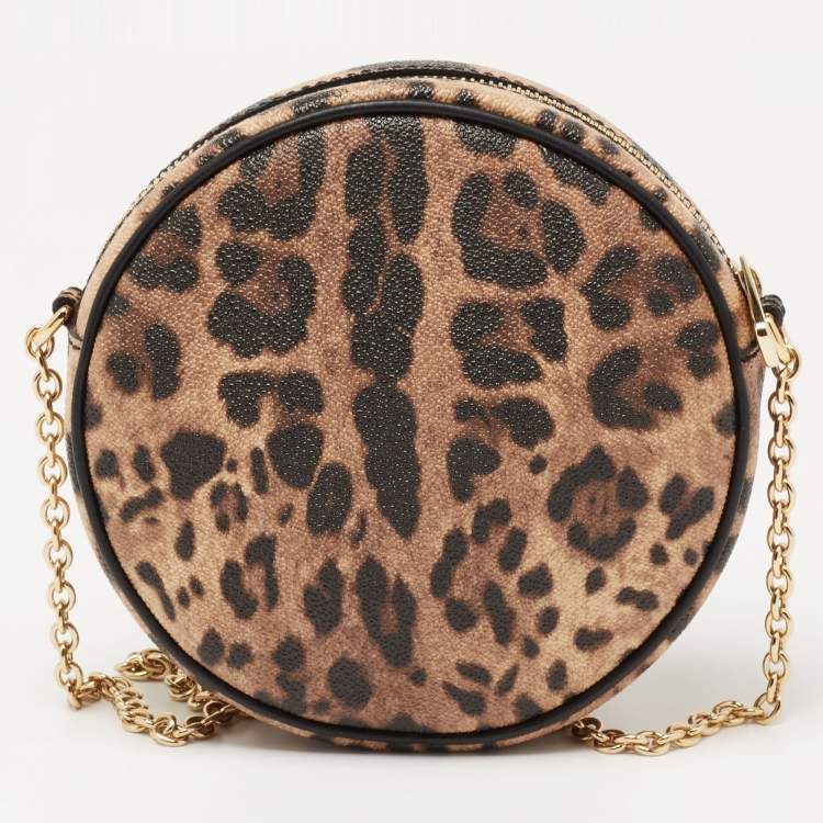 Pre Owned Dolce & Gabbana Beige/Brown Leopard Print Coated Canvas Glam Round Crossbody Bag