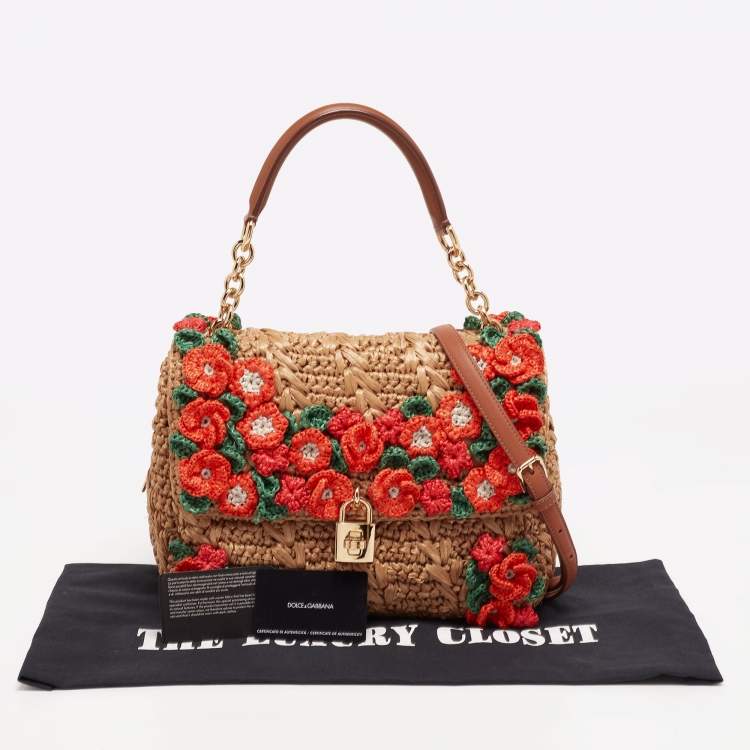Pre Owned Dolce & Gabbana Multicolor Floral Applique Raffia Miss Dolce Top Handle Bag