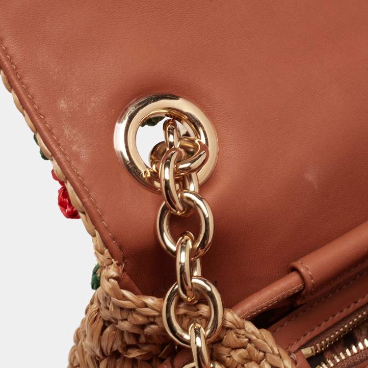 Pre Owned Dolce & Gabbana Multicolor Floral Applique Raffia Miss Dolce Top Handle Bag