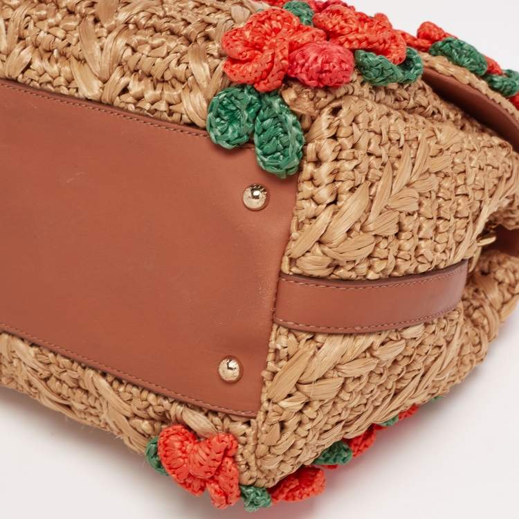 Pre Owned Dolce & Gabbana Multicolor Floral Applique Raffia Miss Dolce Top Handle Bag