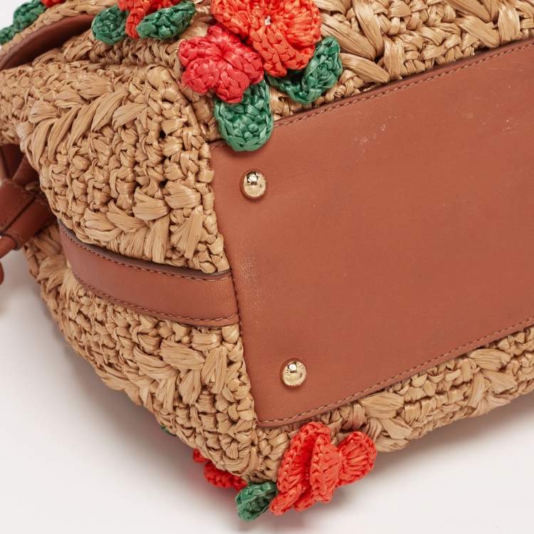 Pre Owned Dolce & Gabbana Multicolor Floral Applique Raffia Miss Dolce Top Handle Bag