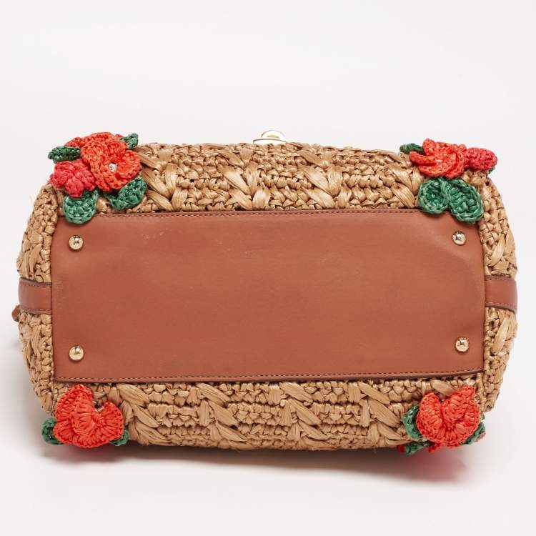 Pre Owned Dolce & Gabbana Multicolor Floral Applique Raffia Miss Dolce Top Handle Bag