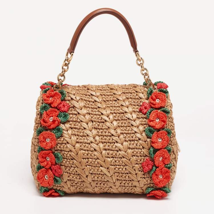 Pre Owned Dolce & Gabbana Multicolor Floral Applique Raffia Miss Dolce Top Handle Bag