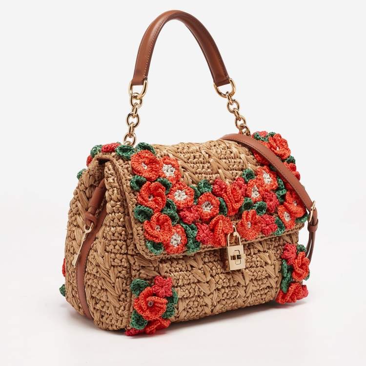 Pre Owned Dolce & Gabbana Multicolor Floral Applique Raffia Miss Dolce Top Handle Bag