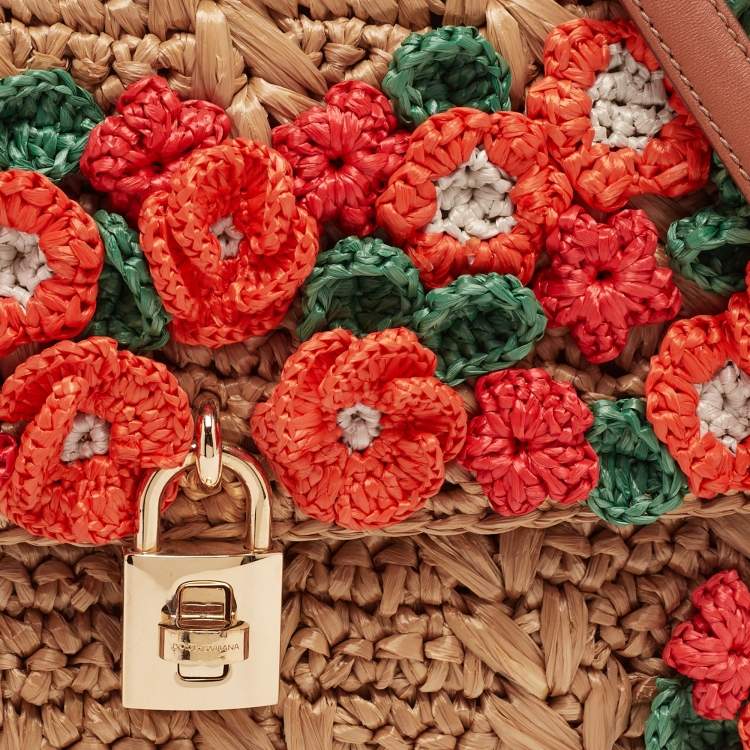 Pre Owned Dolce & Gabbana Multicolor Floral Applique Raffia Miss Dolce Top Handle Bag