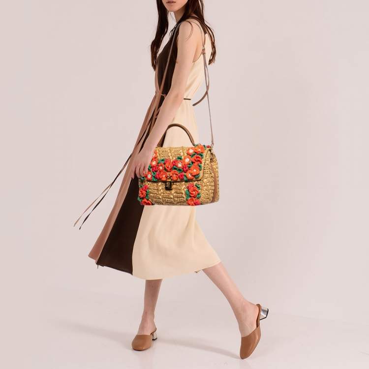 Pre Owned Dolce & Gabbana Multicolor Floral Applique Raffia Miss Dolce Top Handle Bag