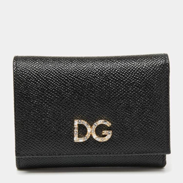 Pre Owned Dolce & Gabbana Black Leather DG Crystal Embellished Trifold Wallet