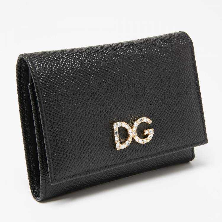 Pre Owned Dolce & Gabbana Black Leather DG Crystal Embellished Trifold Wallet