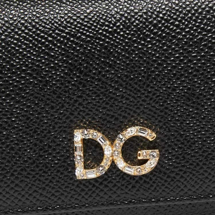 Pre Owned Dolce & Gabbana Black Leather DG Crystal Embellished Trifold Wallet