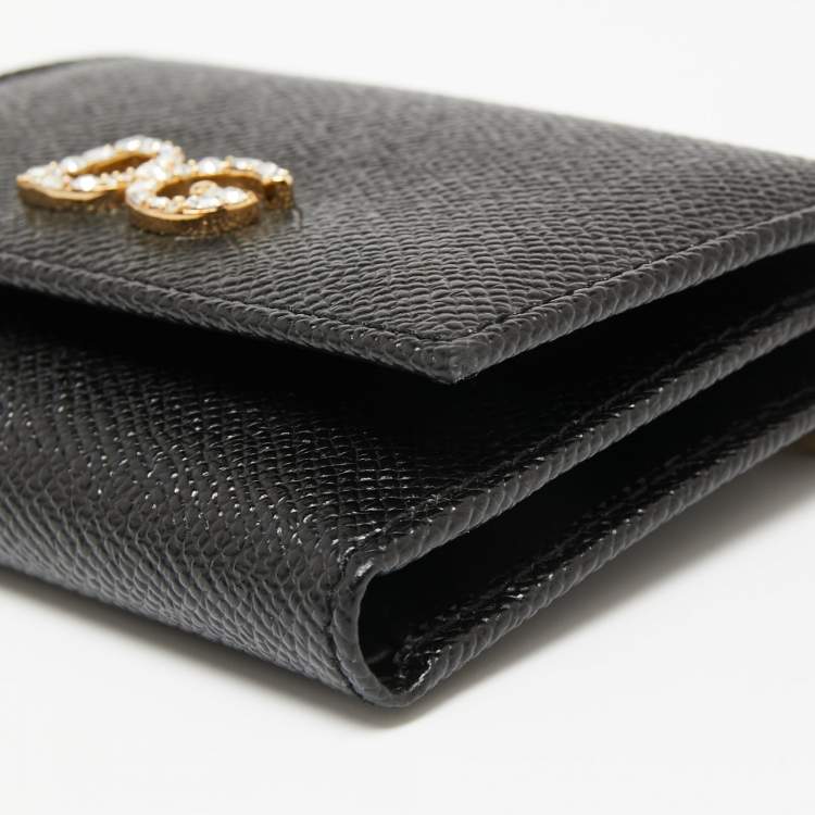 Pre Owned Dolce & Gabbana Black Leather DG Crystal Embellished Trifold Wallet