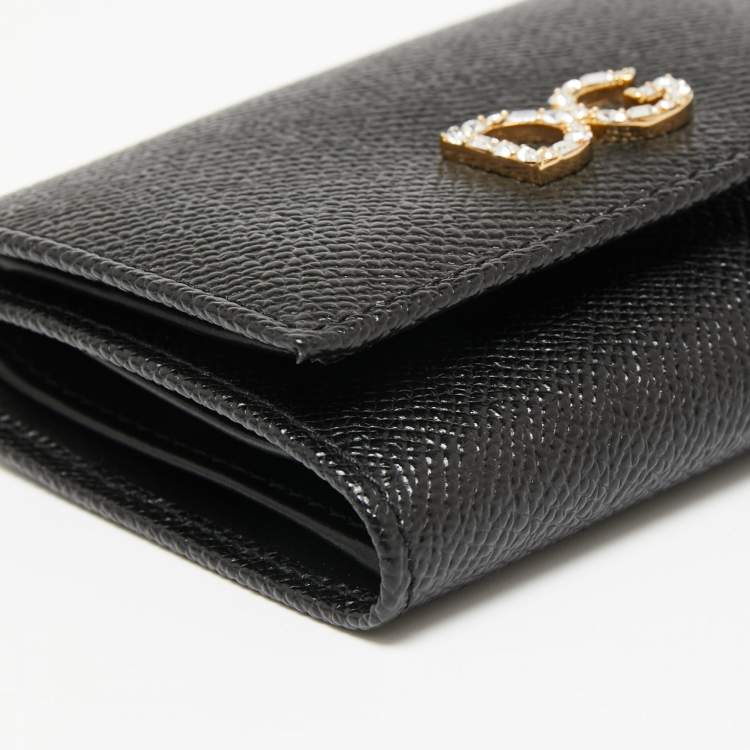 Pre Owned Dolce & Gabbana Black Leather DG Crystal Embellished Trifold Wallet