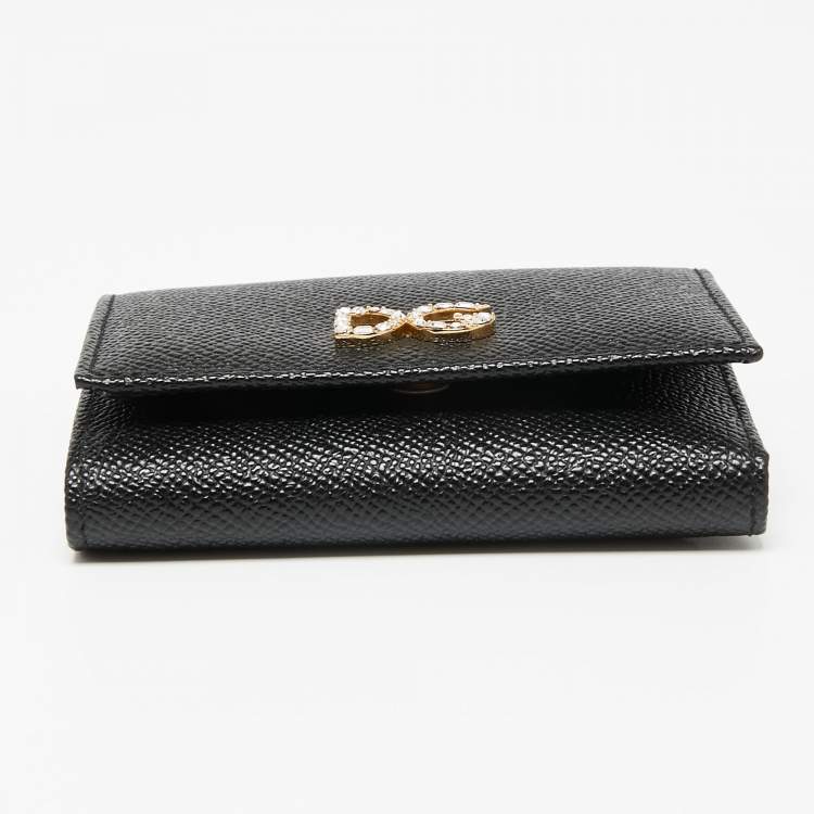 Pre Owned Dolce & Gabbana Black Leather DG Crystal Embellished Trifold Wallet