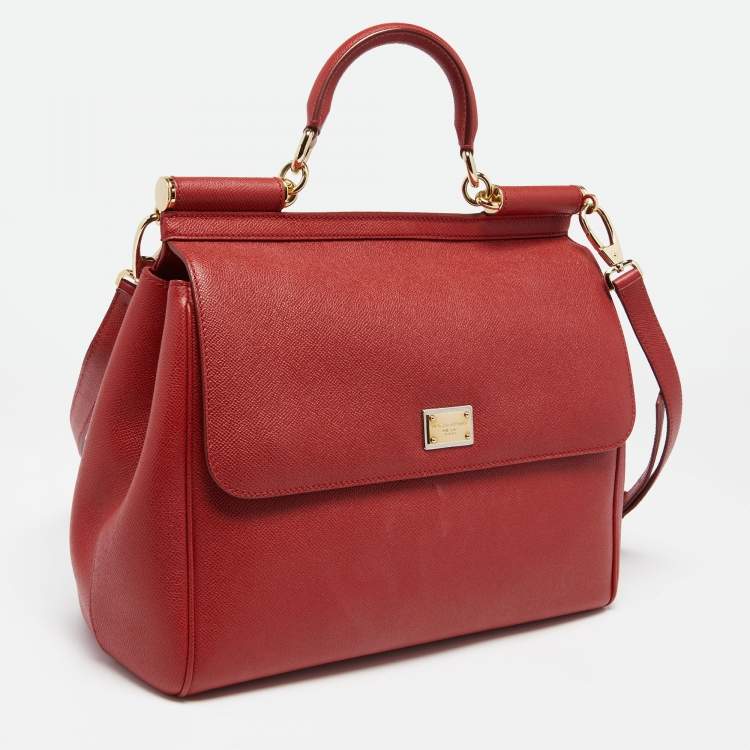 Pre Owned Dolce & Gabbana Red Leather Large Miss Sicily Top Handle Bag