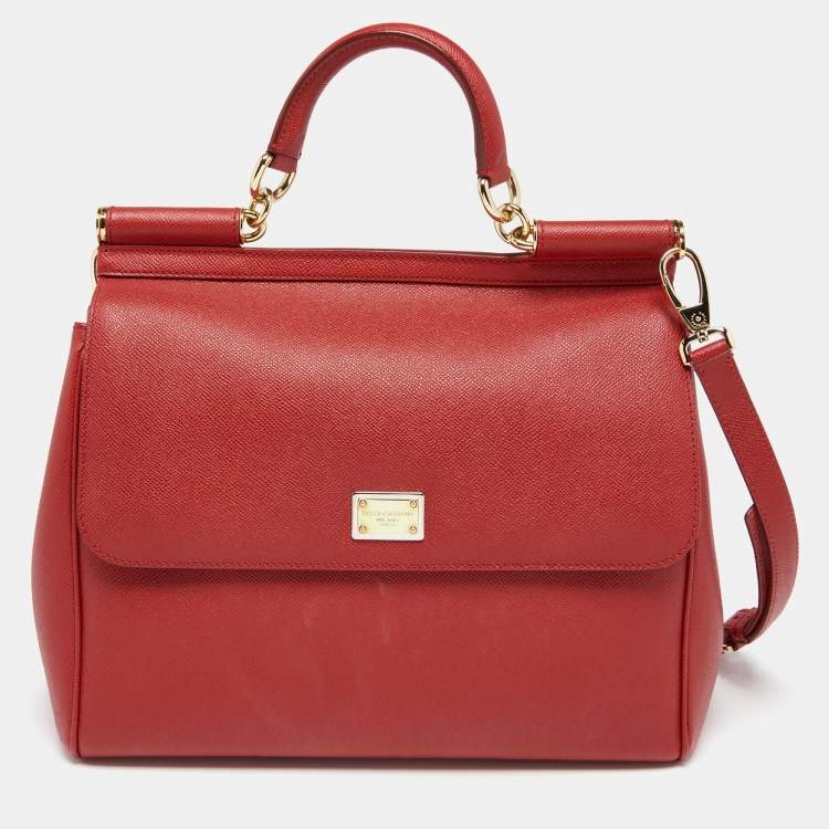 Pre Owned Dolce & Gabbana Red Leather Large Miss Sicily Top Handle Bag