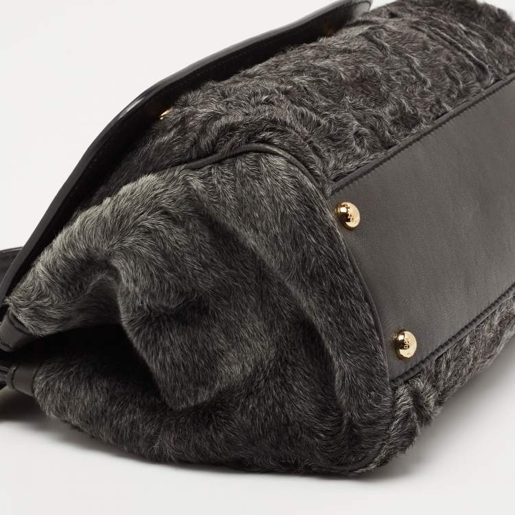 Pre Owned Dolce & Gabbana Eel Leather and Chinchilla Fur Medium Miss Sicily Top Handle Bag