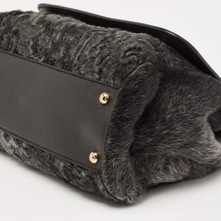 Pre Owned Dolce & Gabbana Eel Leather and Chinchilla Fur Medium Miss Sicily Top Handle Bag