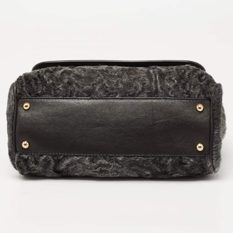 Pre Owned Dolce & Gabbana Eel Leather and Chinchilla Fur Medium Miss Sicily Top Handle Bag