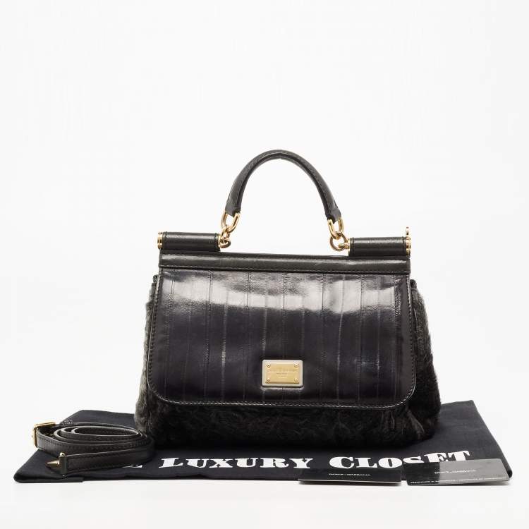 Pre Owned Dolce & Gabbana Eel Leather and Chinchilla Fur Medium Miss Sicily Top Handle Bag