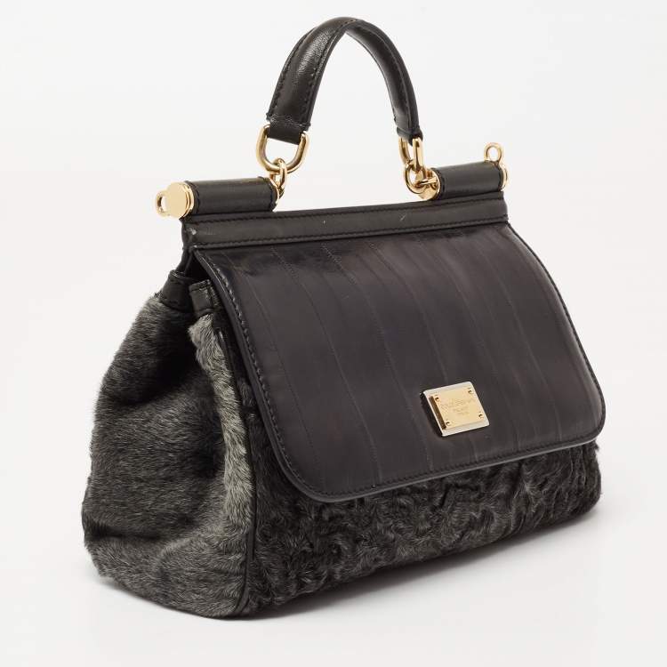 Pre Owned Dolce & Gabbana Eel Leather and Chinchilla Fur Medium Miss Sicily Top Handle Bag