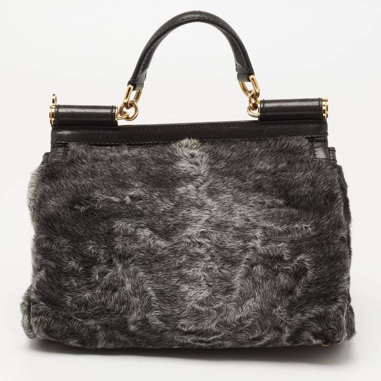 Pre Owned Dolce & Gabbana Eel Leather and Chinchilla Fur Medium Miss Sicily Top Handle Bag