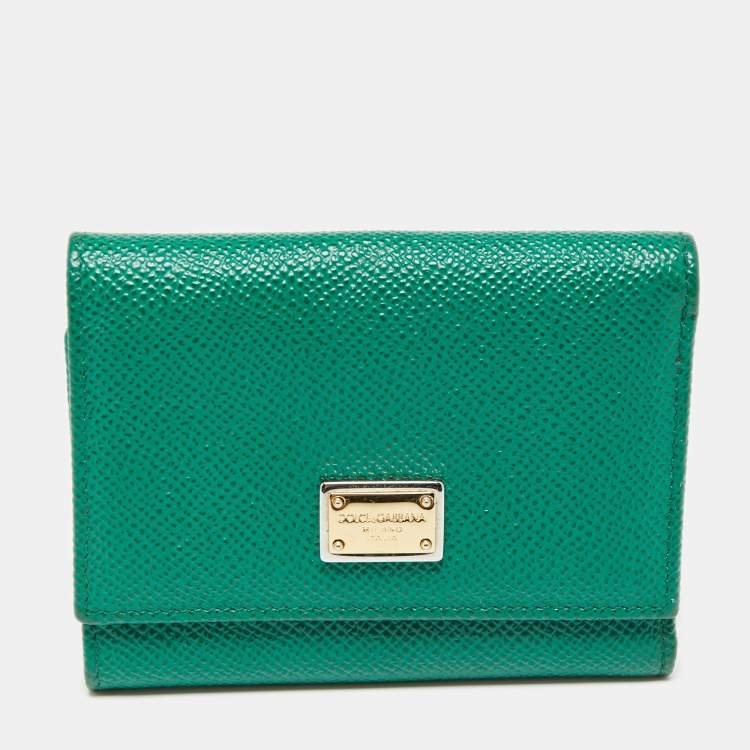 Pre Owned Dolce & Gabbana Green Leather Logo Trifold Compact Wallet