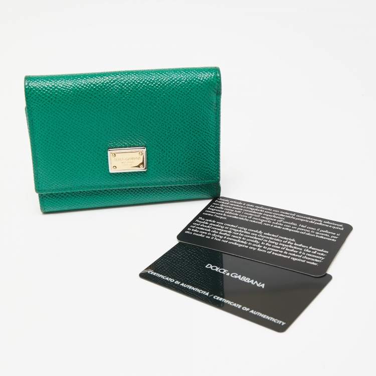 Pre Owned Dolce & Gabbana Green Leather Logo Trifold Compact Wallet