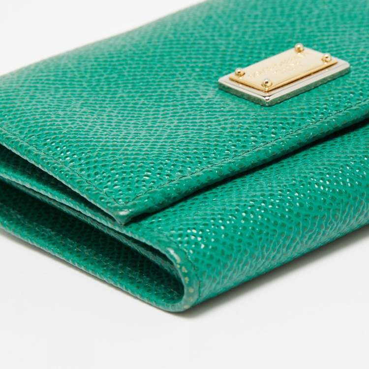 Pre Owned Dolce & Gabbana Green Leather Logo Trifold Compact Wallet