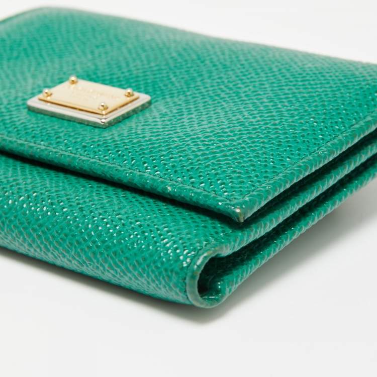 Pre Owned Dolce & Gabbana Green Leather Logo Trifold Compact Wallet