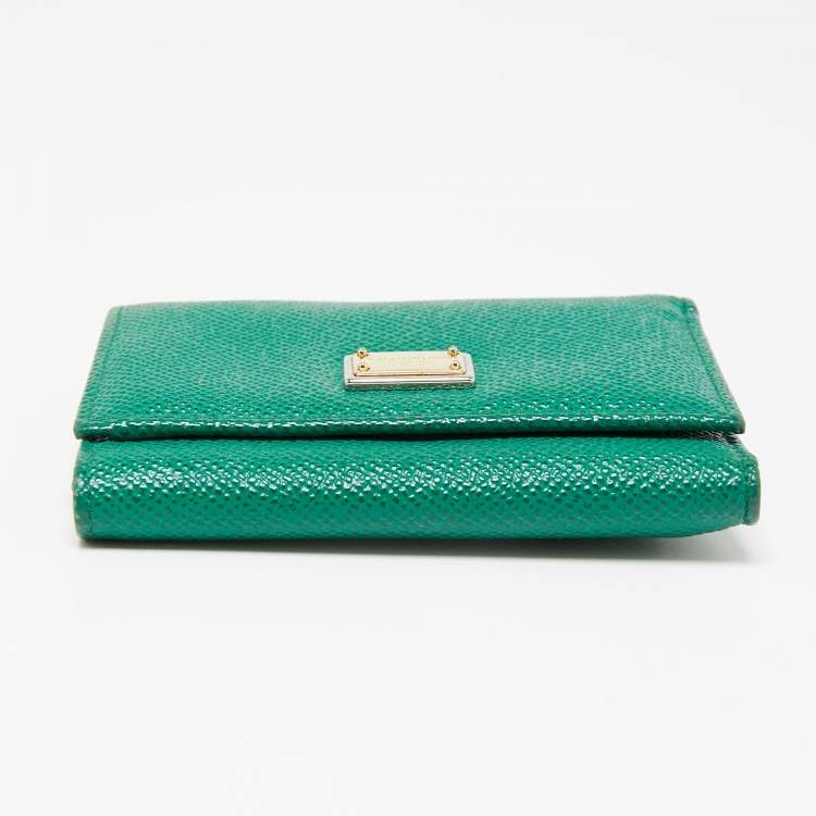 Pre Owned Dolce & Gabbana Green Leather Logo Trifold Compact Wallet