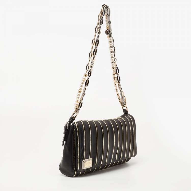 Pre Owned Dolce & Gabbana Black/Gold Stripe Leather Miss Charleston Shoulder Bag