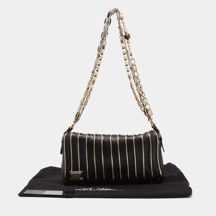 Pre Owned Dolce & Gabbana Black/Gold Stripe Leather Miss Charleston Shoulder Bag