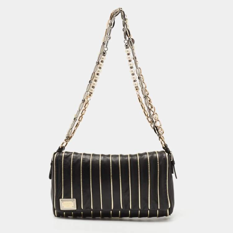 Pre Owned Dolce & Gabbana Black/Gold Stripe Leather Miss Charleston Shoulder Bag