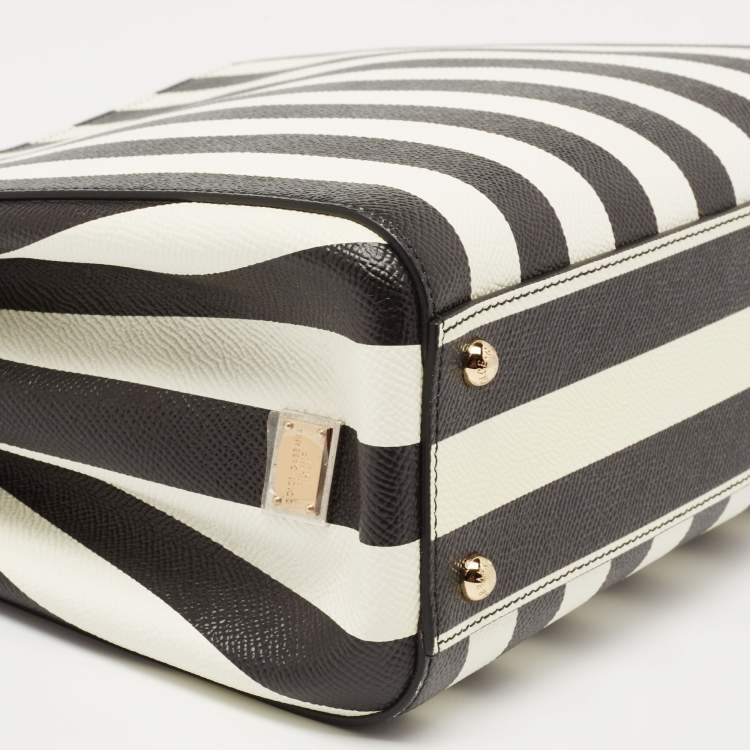 Pre Owned Dolce & Gabanna Black/White Striped Dauphine Leather Sicily Top Handle Bag