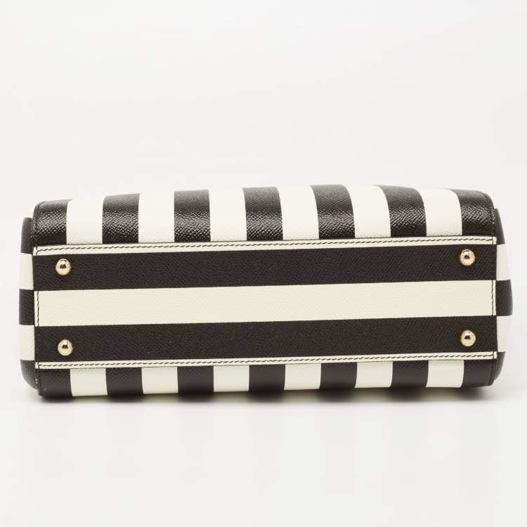 Pre Owned Dolce & Gabanna Black/White Striped Dauphine Leather Sicily Top Handle Bag