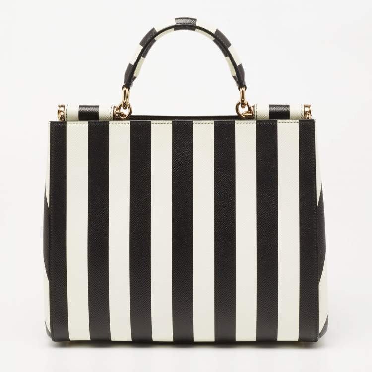Pre Owned Dolce & Gabanna Black/White Striped Dauphine Leather Sicily Top Handle Bag
