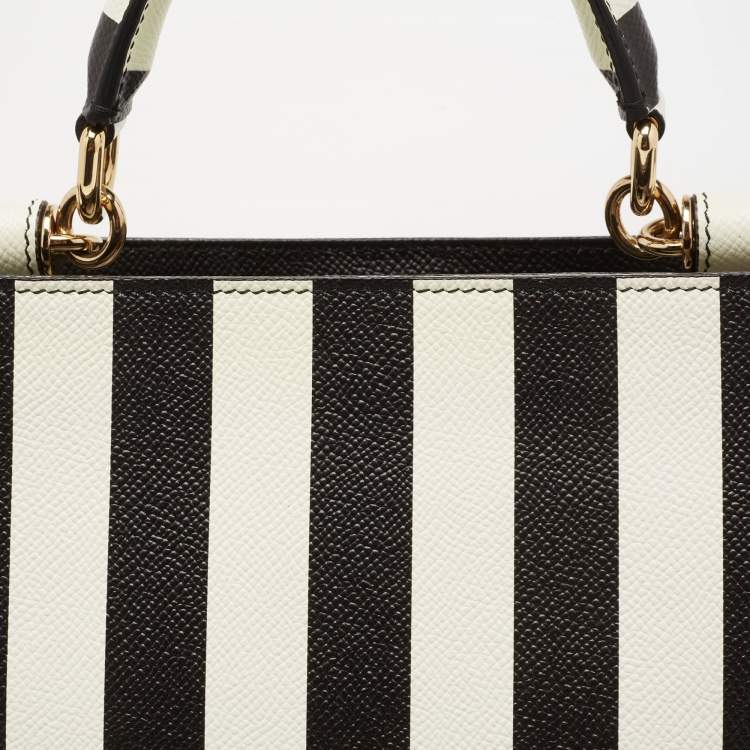 Pre Owned Dolce & Gabanna Black/White Striped Dauphine Leather Sicily Top Handle Bag