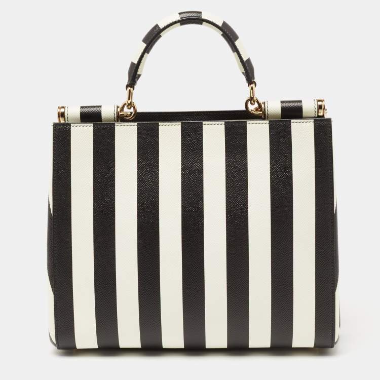 Pre Owned Dolce & Gabanna Black/White Striped Dauphine Leather Sicily Top Handle Bag