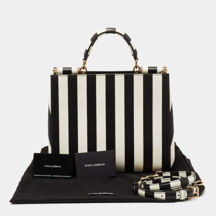 Pre Owned Dolce & Gabanna Black/White Striped Dauphine Leather Sicily Top Handle Bag