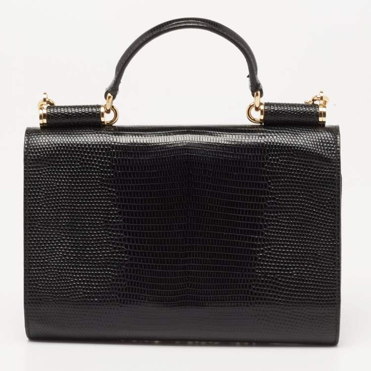 Pre Owned Dolce & Gabbana Black Lizard Embossed Leather Miss Sicily Von Wallet on Chain