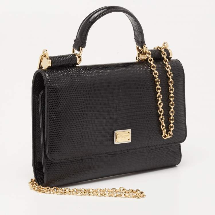 Pre Owned Dolce & Gabbana Black Lizard Embossed Leather Miss Sicily Von Wallet on Chain