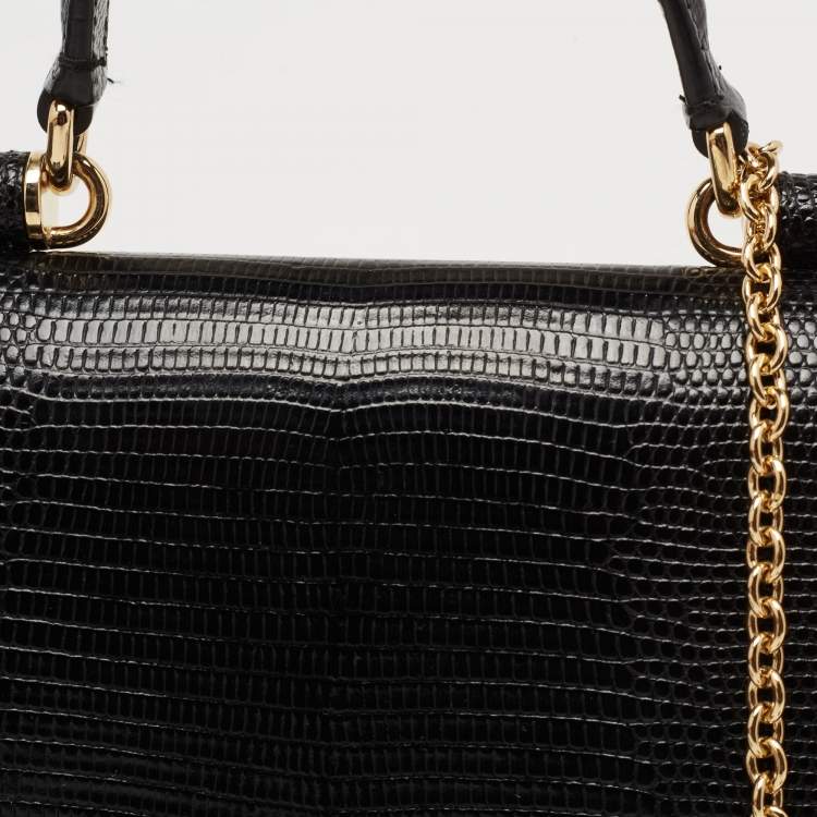 Pre Owned Dolce & Gabbana Black Lizard Embossed Leather Miss Sicily Von Wallet on Chain