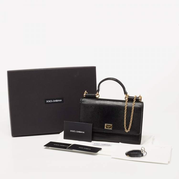 Pre Owned Dolce & Gabbana Black Lizard Embossed Leather Miss Sicily Von Wallet on Chain