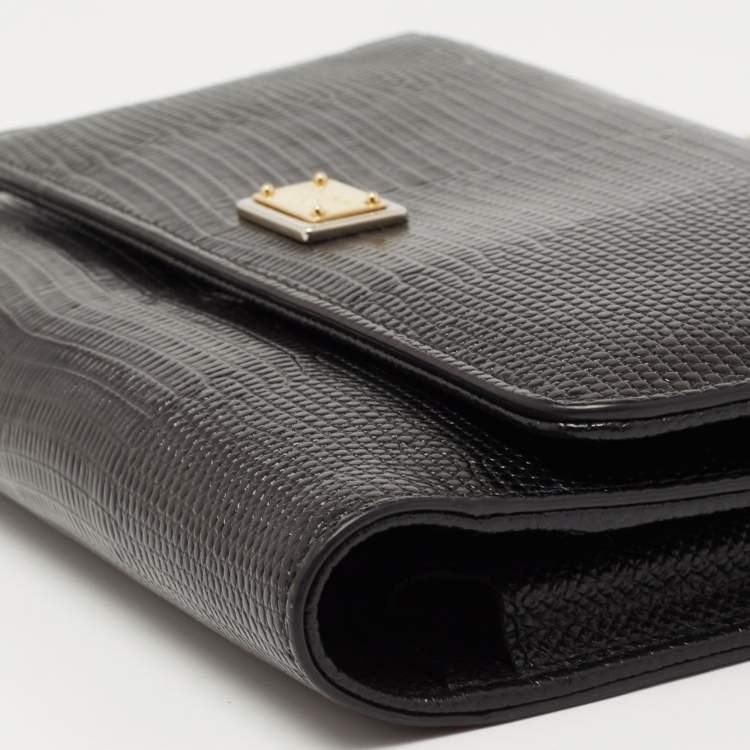 Pre Owned Dolce & Gabbana Black Lizard Embossed Leather Miss Sicily Von Wallet on Chain