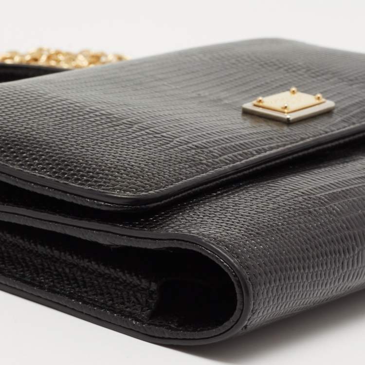 Pre Owned Dolce & Gabbana Black Lizard Embossed Leather Miss Sicily Von Wallet on Chain