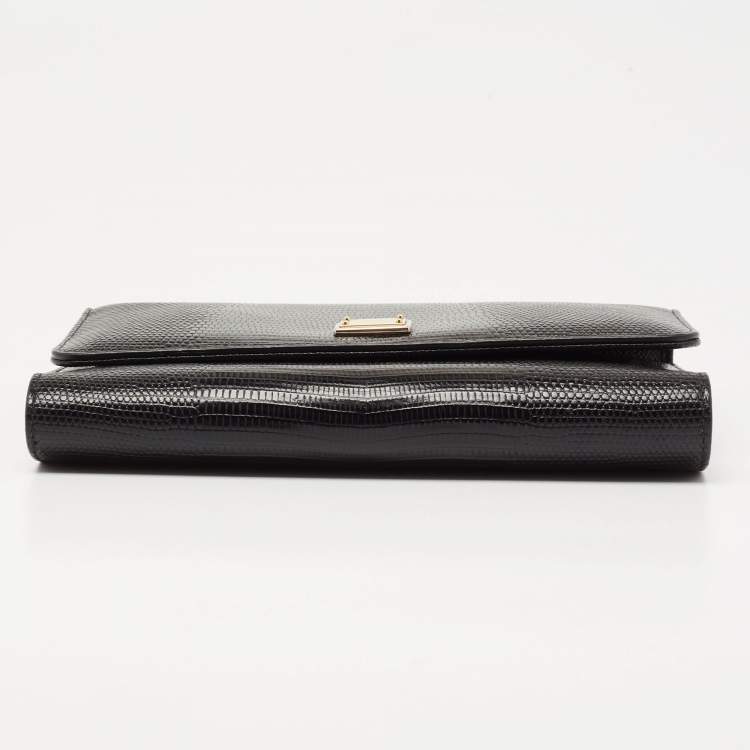 Pre Owned Dolce & Gabbana Black Lizard Embossed Leather Miss Sicily Von Wallet on Chain